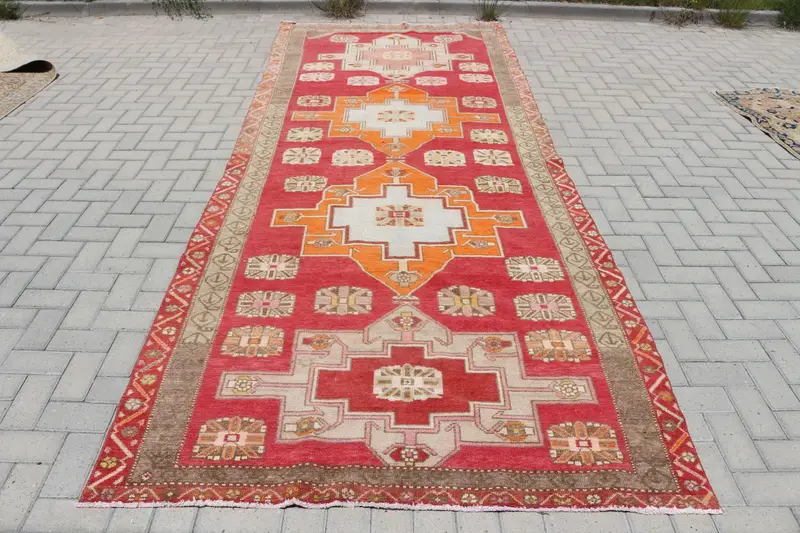 5.1x13.5 ft Vintage Rug, Runner Turkish Rug, Red Floral Rug - 1