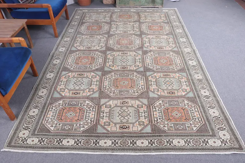 Türk 6.46x9.8 ft Halı, Büyük Vintage Halı, Kahverengi Beyaz Halı - 1
