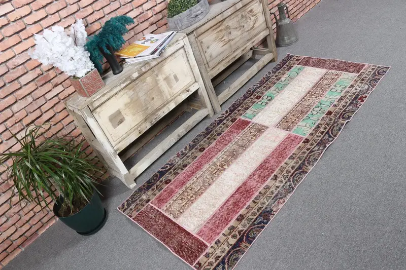 Vintage Türkischer Teppich 2,7x6 ft (83x182 cm), Oushak Roter Wollteppich - 1