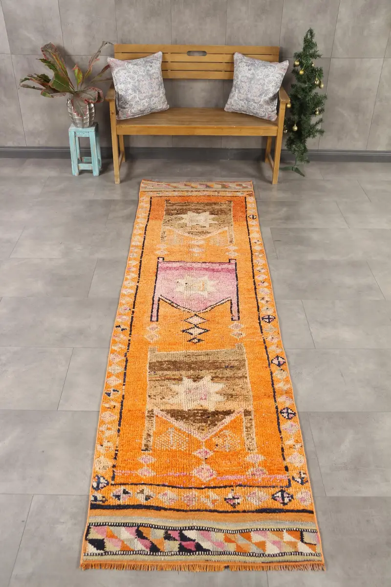 2.6x9.8 ft Rug, Turkish Vintage Rug, Orange Herki Wool Rug - 1