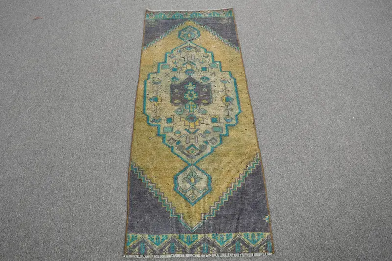 Vintage Turkish Rug, 1.8x4.9 ft Small Rug, Yellow Oushak Floral Rug - 1