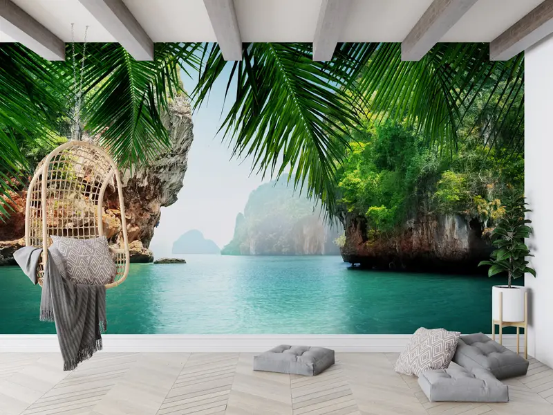 Baskılı Tropikal Deniz Manzarası Duvar Kağıdı: Zarif Tay Körfezi Tasarımı