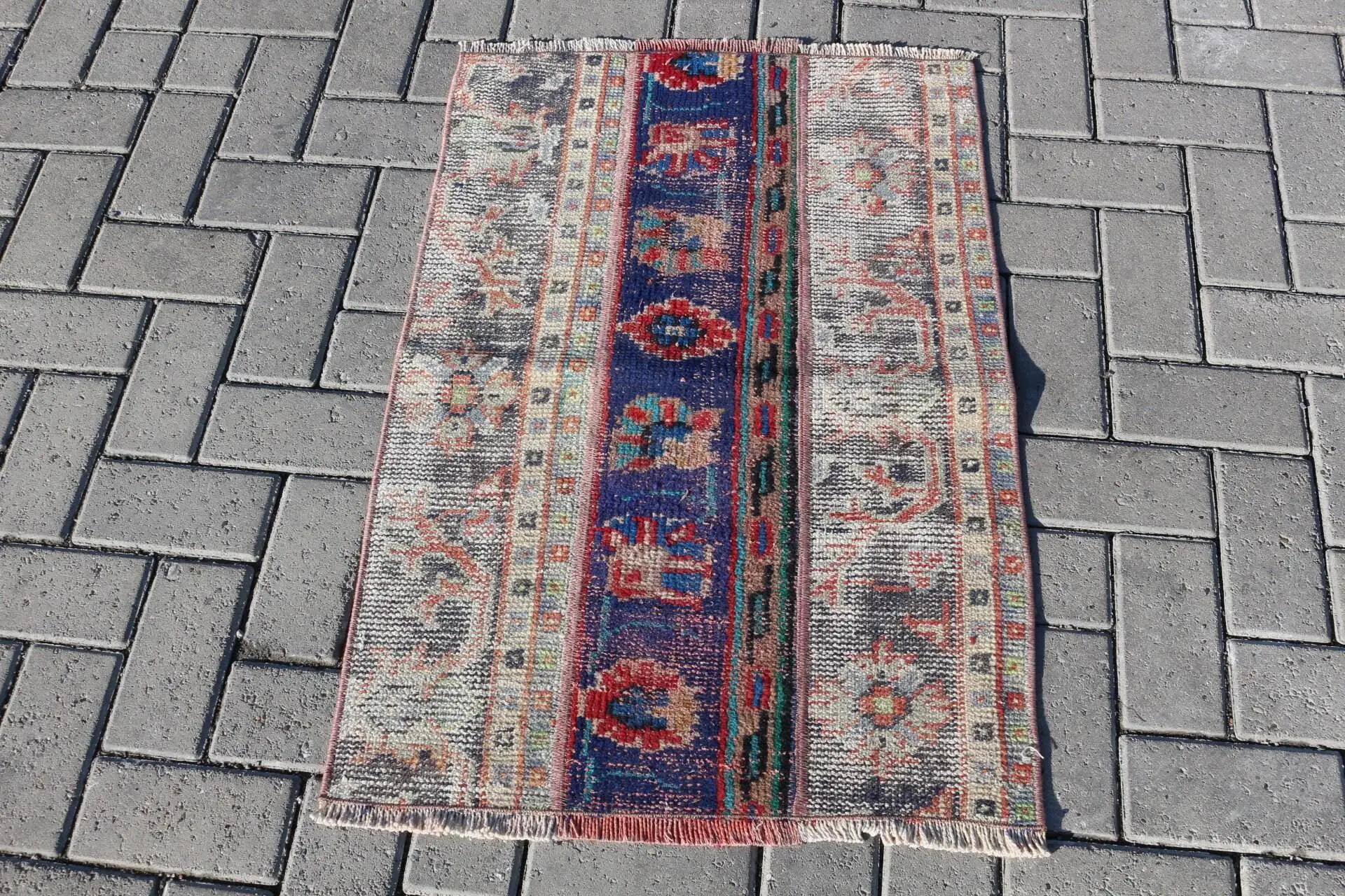 Turkish Vintage Rug, 2x3 ft Small Rug, Red Blue Floral Wool Rug - 1