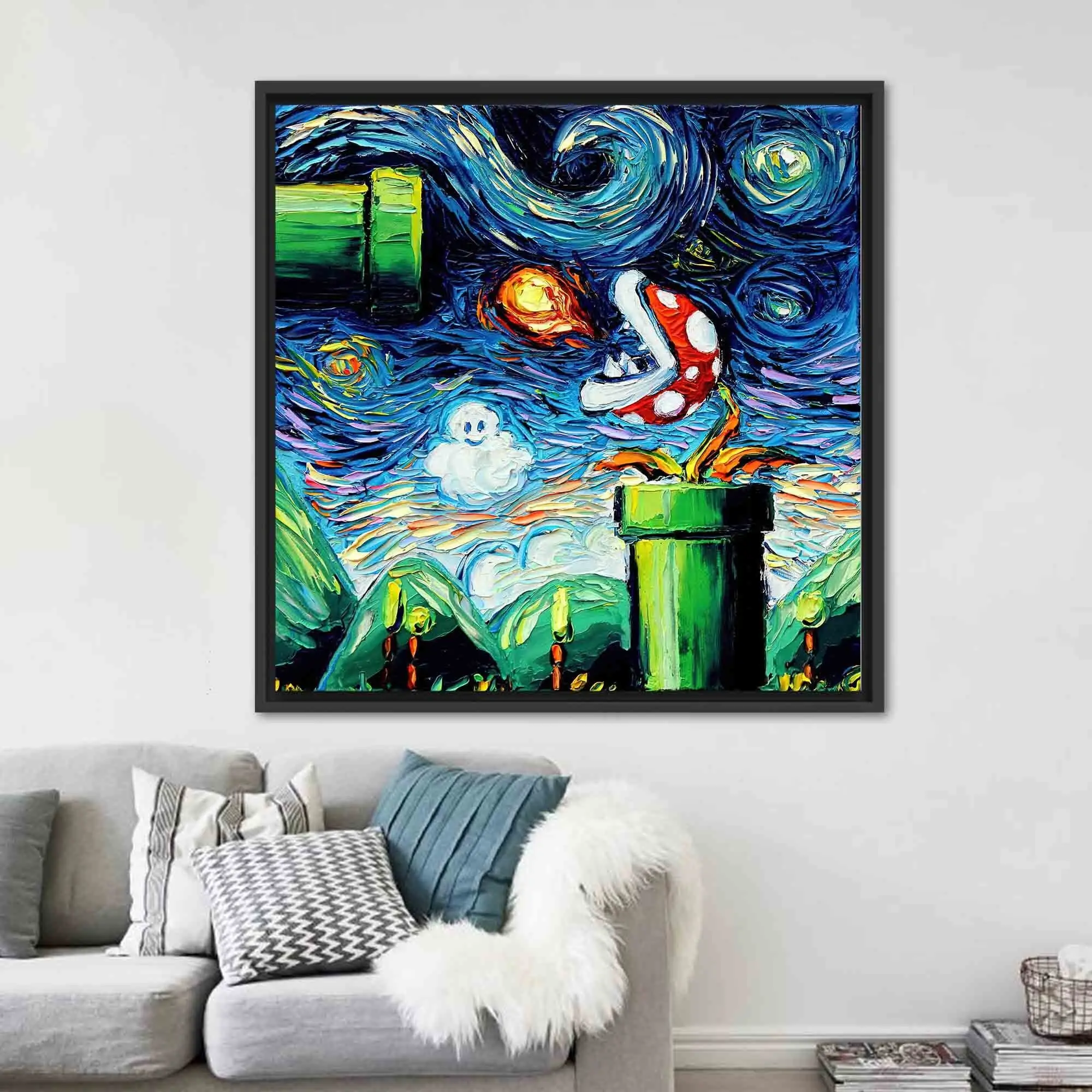 Modern Yıldızlı Gece Mario Kanvas – Van Gogh'tan Esinlenen Gece Gökyüzü ve Retro Oyun Pop Art Duvar Dekorunun Sanatsal Füzyonu - 1