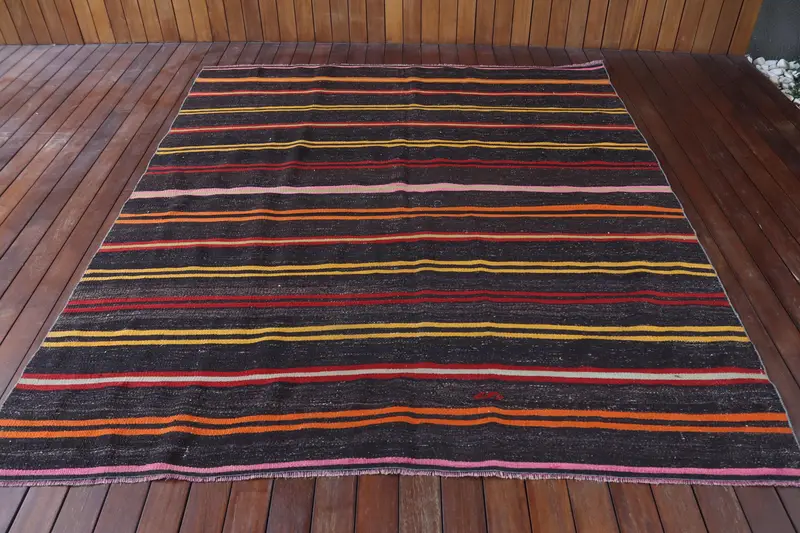 6.3x7.3 ft Rug, Large Turkish Rug, Black Kilim Plants & trees Rug - 1