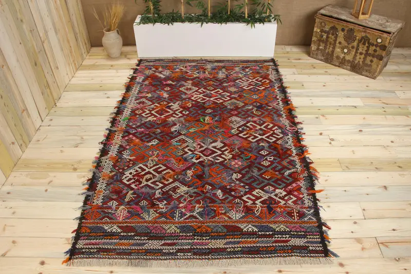 Handmade Red & Blue Rug, 0.4x8.2 ft Geometric Floral