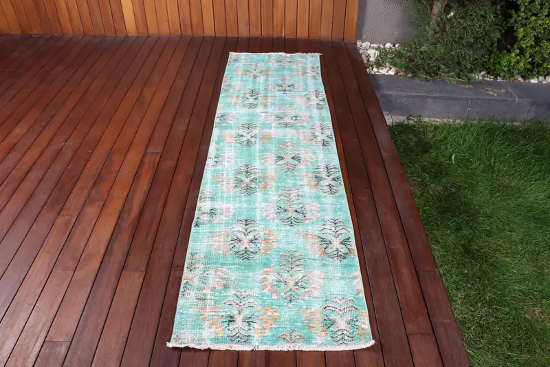 2.2x7.8 ft Vintage Oushak Rug, Turkish Rug, Green Oriental Wool Rug - 1