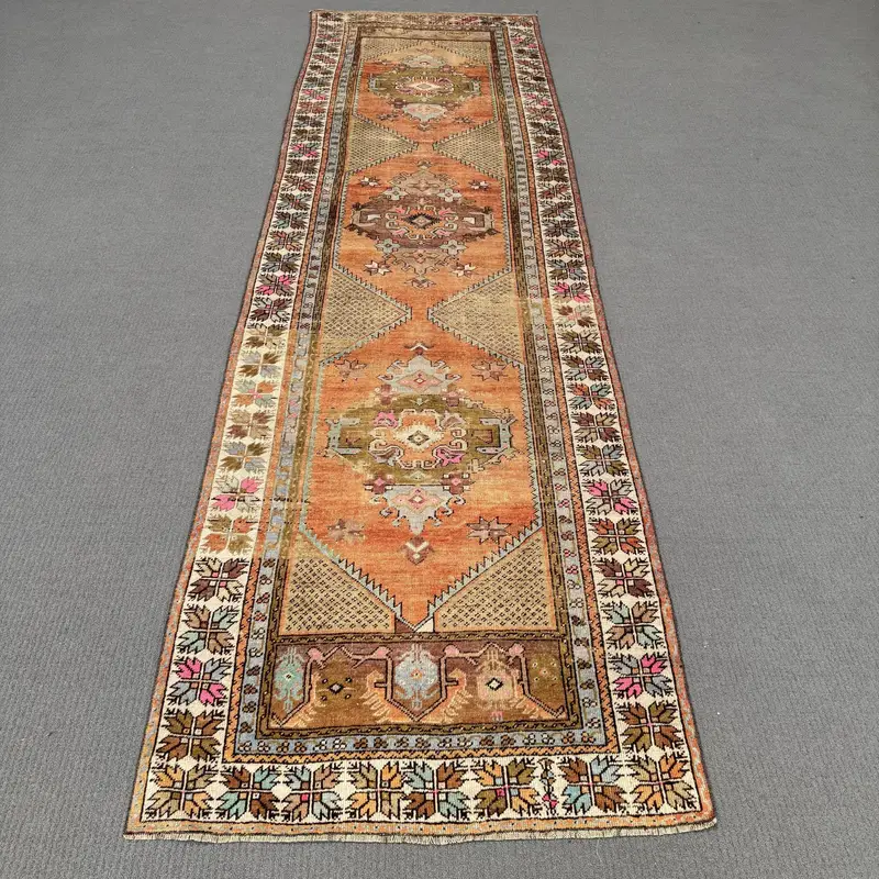 エレガントなペルシャ絨毯、0.3x10.9フィート オレンジ&ベージュ