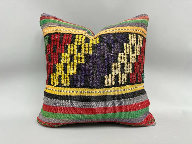Vintage Kilim Pillow, Cushion Case, 18x18 Yellow Cushion Case, Gift Pillow, Bolster Pillow Case, Southwestern Cushion, Pillow for Sofa - 1