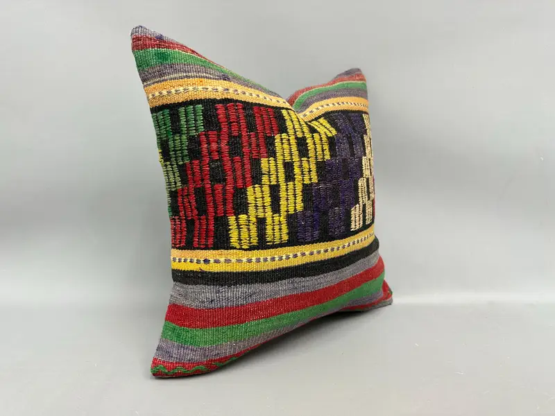 Vintage Kilim Pillow, Cushion Case, 18x18 Yellow Cushion Case, Gift Pillow, Bolster Pillow Case, Southwestern Cushion, Pillow for Sofa - 2