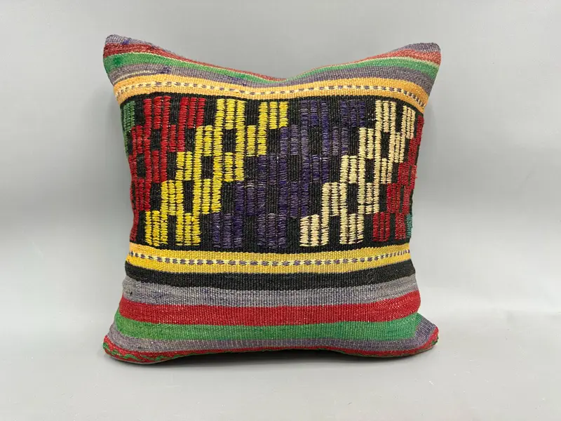 Vintage Kilim Pillow, Cushion Case, 18x18 Yellow Cushion Case, Gift Pillow, Bolster Pillow Case, Southwestern Cushion, Pillow for Sofa - 4