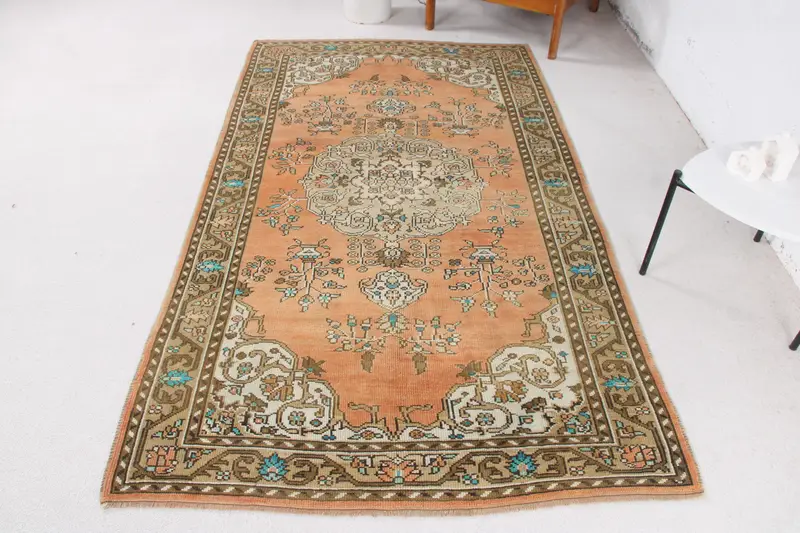 Handmade Orange Rug, 0.4x7.7 ft Green Plants & Trees