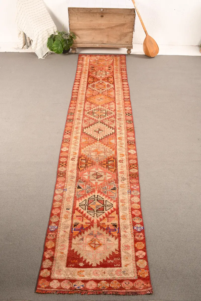 2.5x12.1 ft Türk Halısı, Vintage Runner Halısı, Kırmızı Kahverengi Patchwork Halı - 1