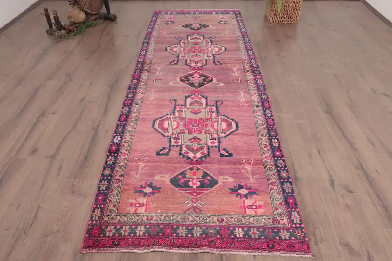 3.3x9.9 ft Turkish Oushak Rug, Red Floral Vintage Wool Rug - 1