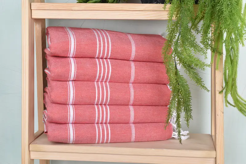 Beach Towel Striped Organic Cotton/Linen, Light Red, 40x71 Inches