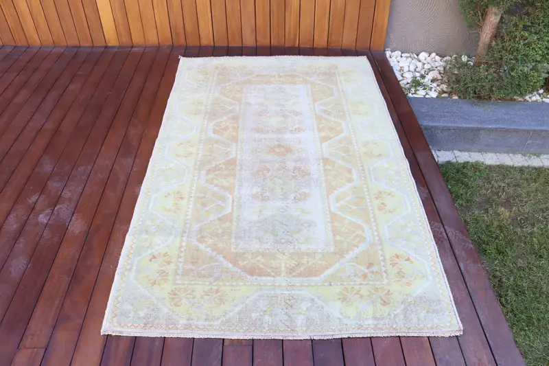 Turkish Vintage Rug, 3.9x6.3 ft Oushak Rug, White Yellow Abstract Rug - 1
