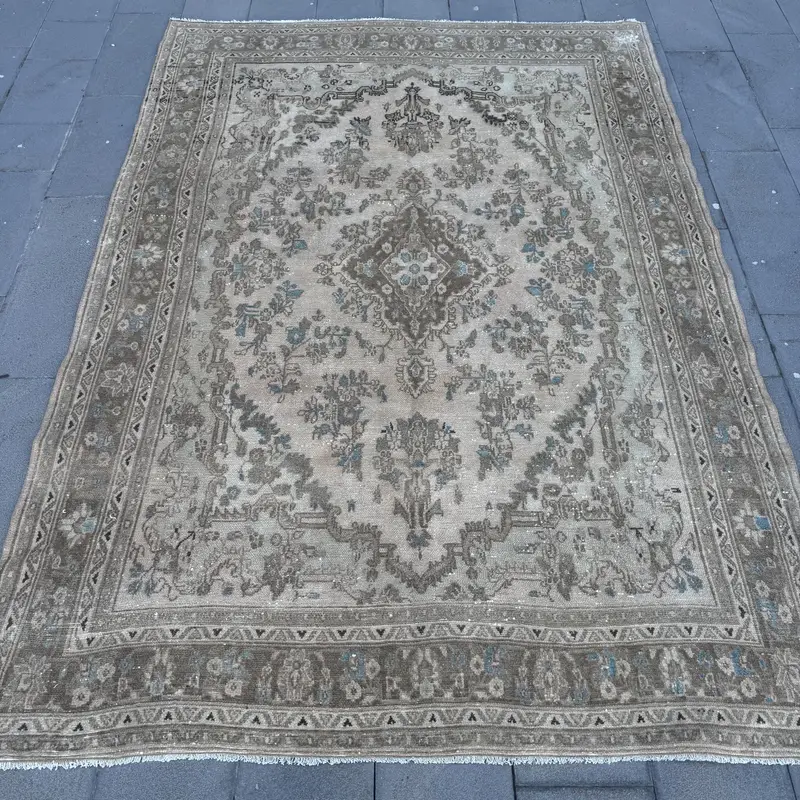 Vintage Oushak Rug 7x9.8 ft, Gray Blue Floral Wool Turkish Rug - 1