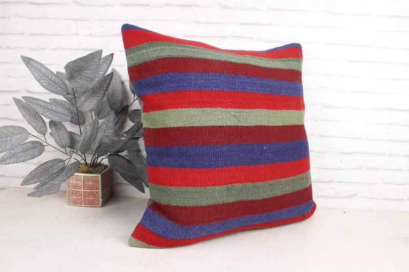 Ethnical Kilim Rug Pillow, Tribal Pillow, Pillow Cover, 24x24 Red Pillow Sham, Antique Pillows, Vintage Kilim Throw Pillow, Bench Cushion Cover - 3