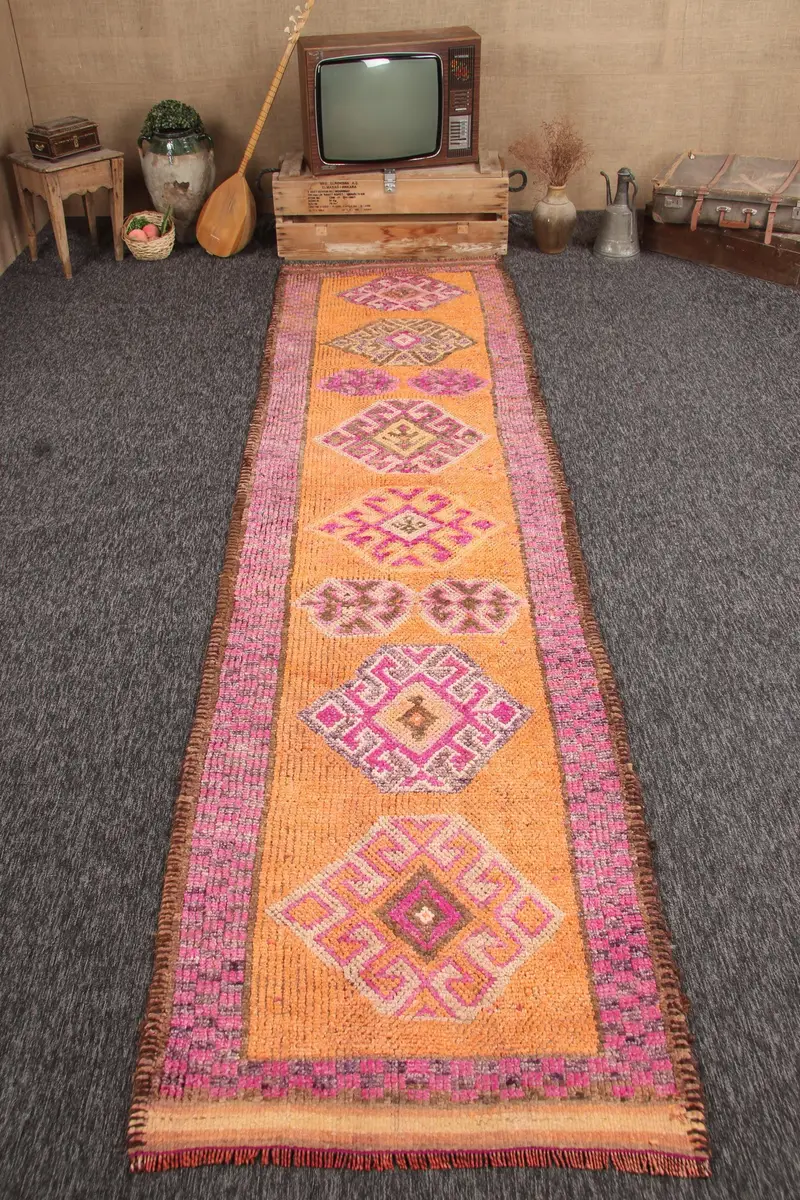 Herki Türk Halısı, 3x12.6 ft Vintage Halı, Turuncu Oryantal Yün Halı - 1