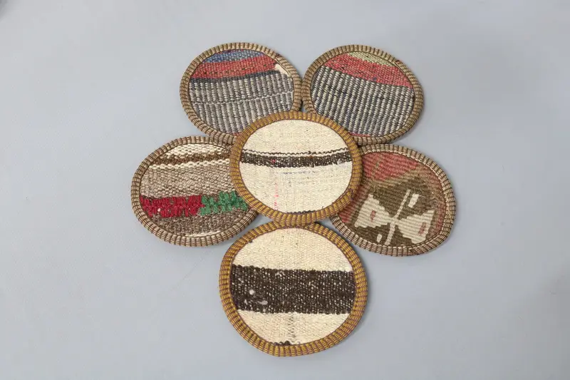 Beige and Red Striped Coaster, Unique Kilim Coaster