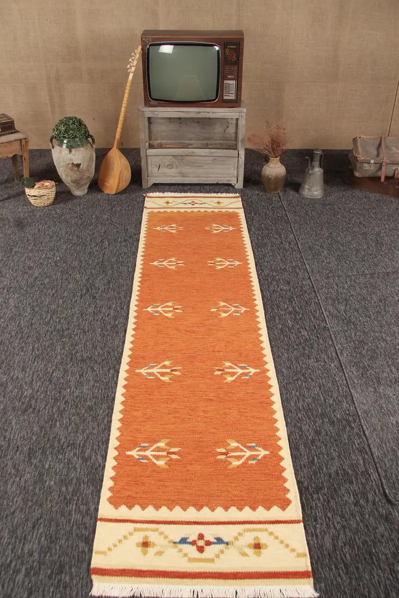 2.4x9.7 ft Vintage Halı, Runner Türk Halısı, Turuncu Güneybatı Halısı - 1