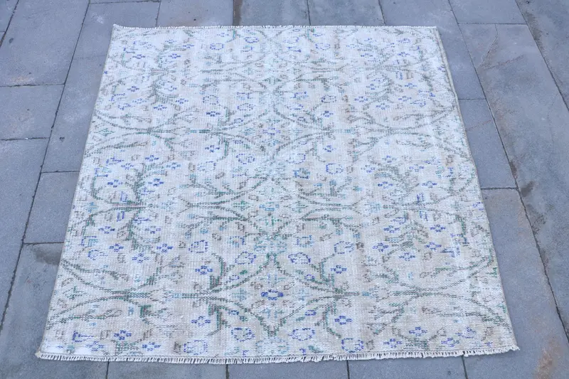 Alfombra verde y beige, diseño botánico de 4,1x4 pies