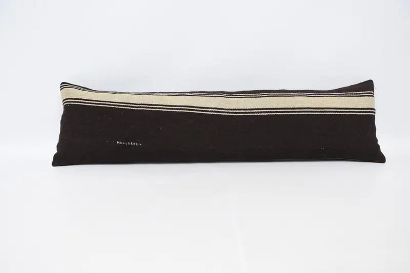 Rechteckiger, gestreifter Vintage-Kissenbezug, brauner marokkanischer 12x42 Zoll Kissenbezug - 1