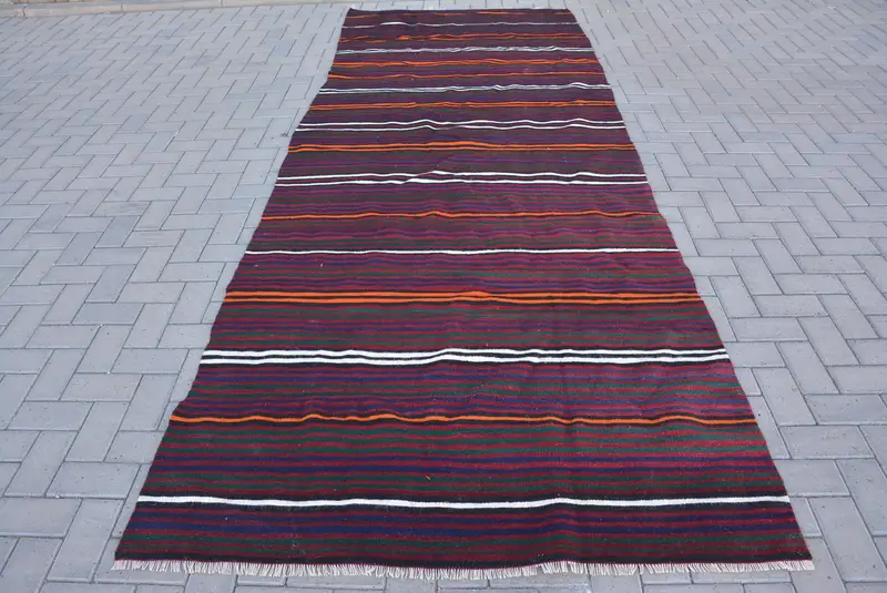 4.8x12.4 ft Vintage Halı, Türk Yolluk Halısı, Mavi Yün Halı - 1