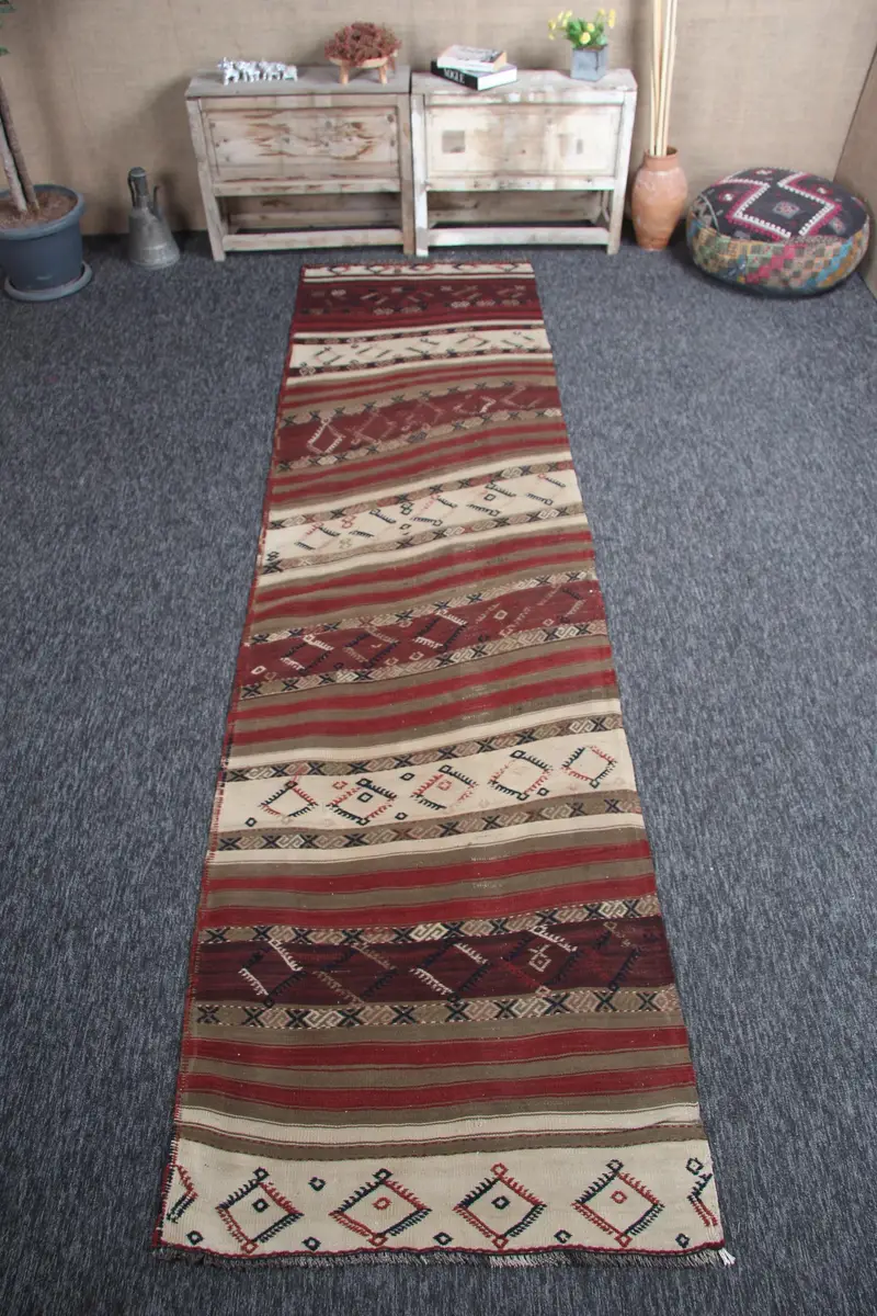 Türkischer Kelim-Teppich, 3,1 x 11,3 Fuß Vintage-Teppich, Regenbogen-geometrischer Wollteppich - 1