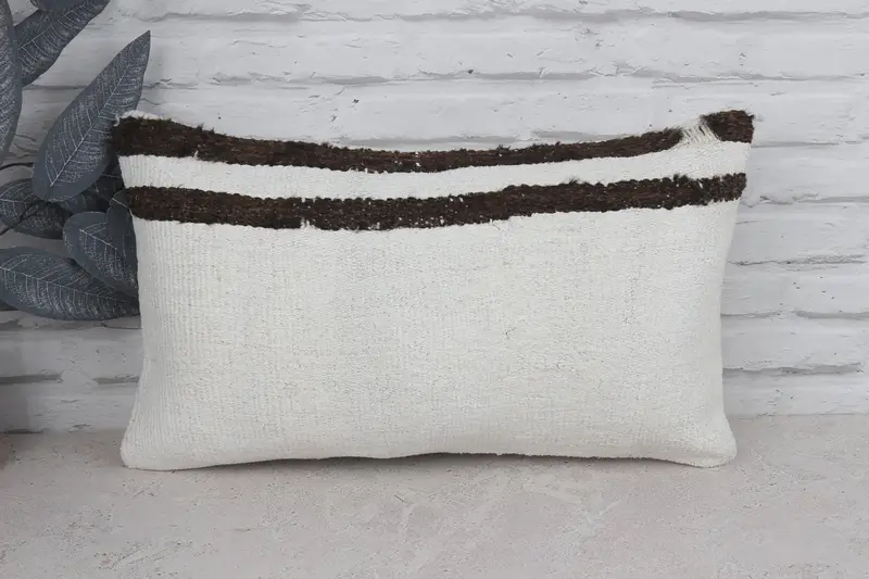 Boho Pillow, Vintage Kilim Throw Pillow, Ottoman Cushion, 12x20 White Pillow, Kilim Pillow Cover, Pillow Case, Ikat Pillow Cover - 1