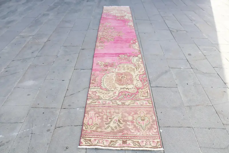 2.1x12.8 ft Vintage Rug, Oushak Rug, Pink Floral Rug Wool - 1