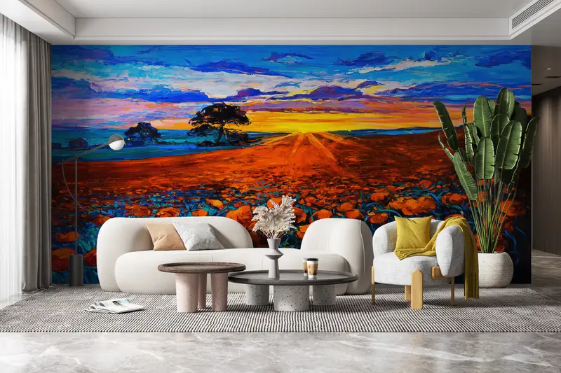 Opium Poppy Landscape Wall Paper, Sunset Landscape Contemporary Wall Poster, Red Flower Field Wall Paper, Sunset Wall Print, - 3