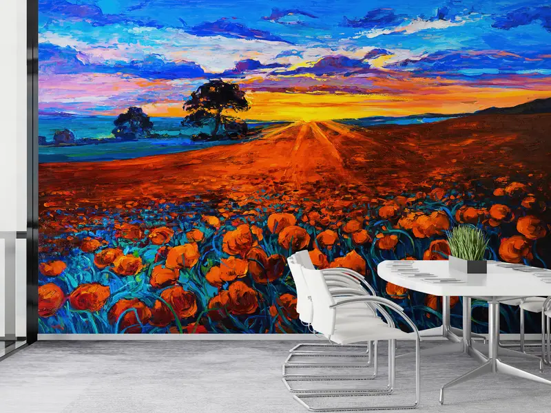 Opium Poppy Landscape Wall Paper, Sunset Landscape Contemporary Wall Poster, Red Flower Field Wall Paper, Sunset Wall Print, - 6