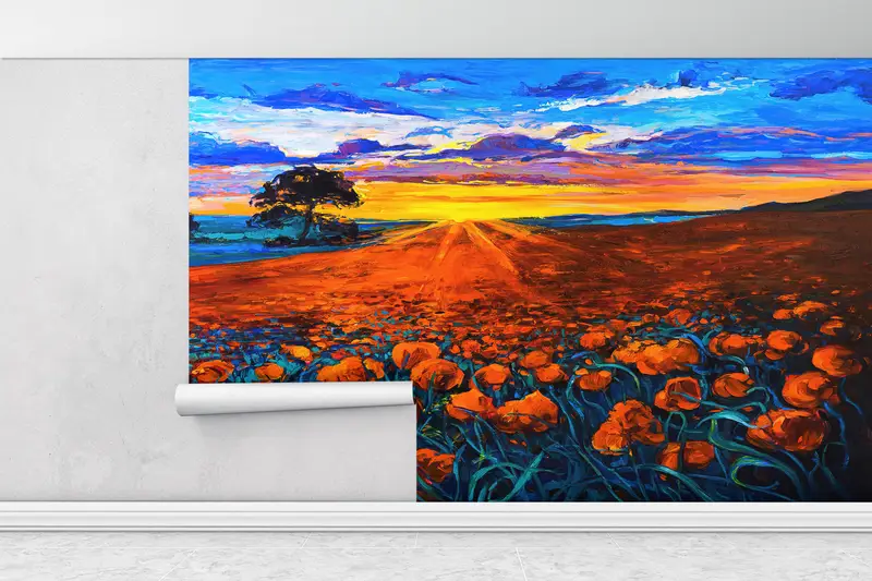 Opium Poppy Landscape Wall Paper, Sunset Landscape Contemporary Wall Poster, Red Flower Field Wall Paper, Sunset Wall Print, - 1