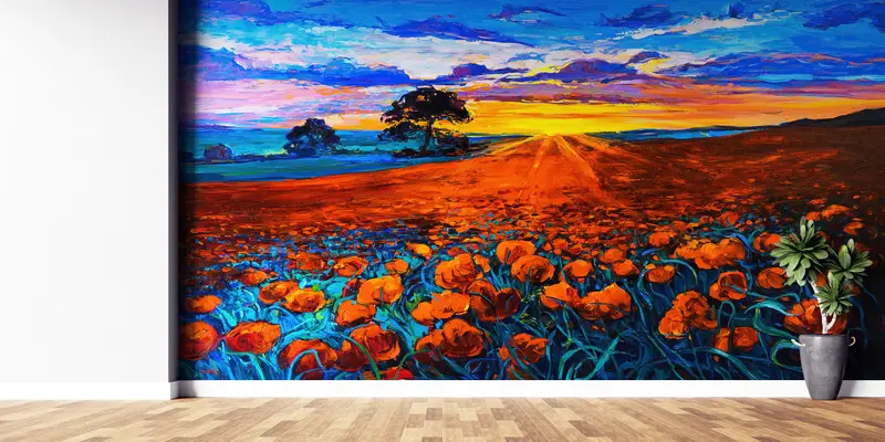 Opium Poppy Landscape Wall Paper, Sunset Landscape Contemporary Wall Poster, Red Flower Field Wall Paper, Sunset Wall Print, - 2