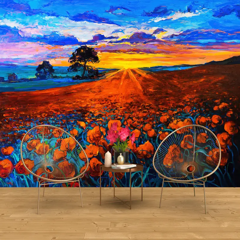 Opium Poppy Landscape Wall Paper, Sunset Landscape Contemporary Wall Poster, Red Flower Field Wall Paper, Sunset Wall Print, - 10