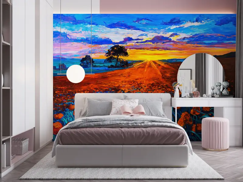 Opium Poppy Landscape Wall Paper, Sunset Landscape Contemporary Wall Poster, Red Flower Field Wall Paper, Sunset Wall Print, - 5