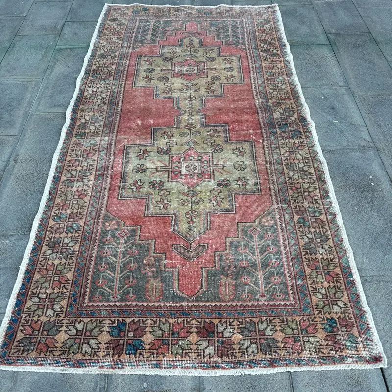 Red Moroccan Rug, 4,3x8,5 ft with Yellow Accents