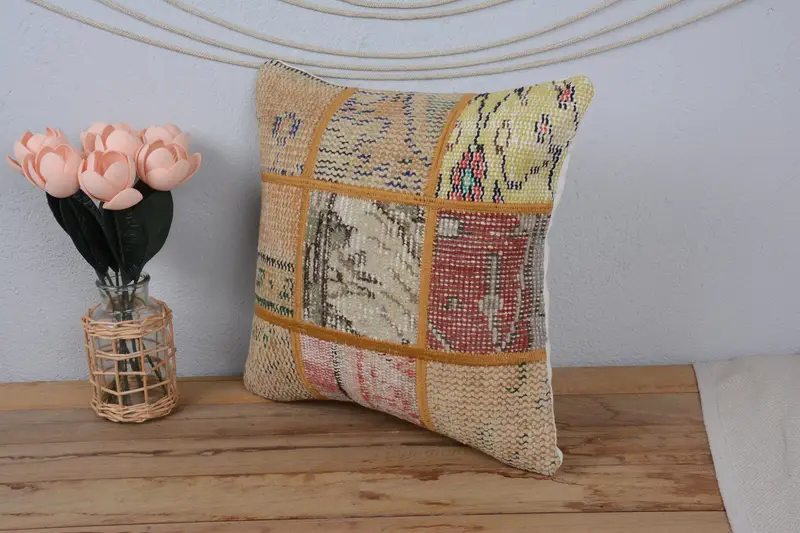 Pillow Cover, Handmade Kilim Cushion, Vintage Kilim Throw Pillow, Traditional Cushion Case, Home Decor Pillow, Indoor Cushion, 16x16 Beige Cushion - 4