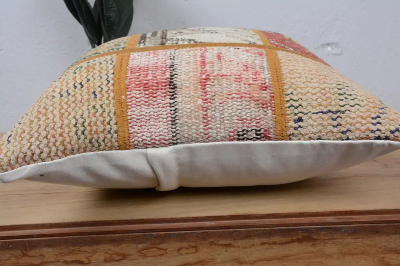 Pillow Cover, Handmade Kilim Cushion, Vintage Kilim Throw Pillow, Traditional Cushion Case, Home Decor Pillow, Indoor Cushion, 16x16 Beige Cushion - 5