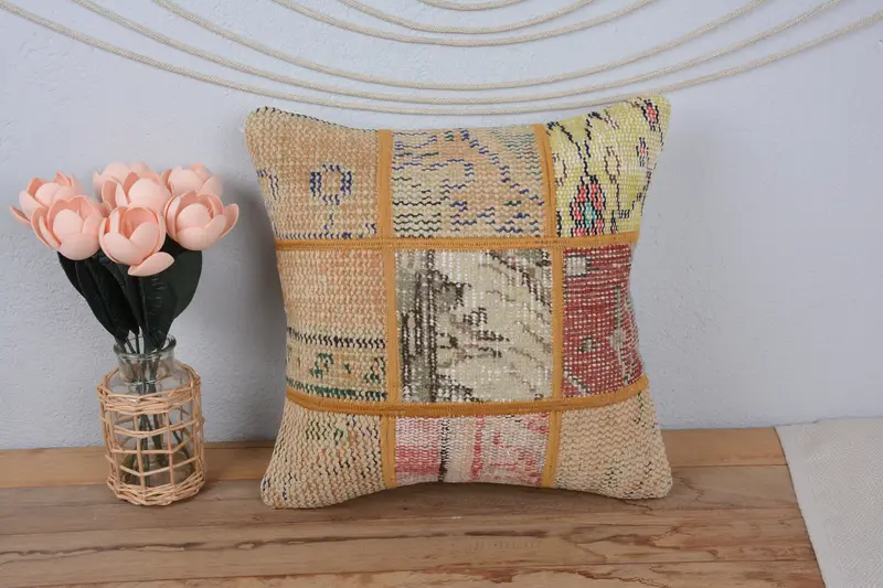 Pillow Cover, Handmade Kilim Cushion, Vintage Kilim Throw Pillow, Traditional Cushion Case, Home Decor Pillow, Indoor Cushion, 16x16 Beige Cushion - 2