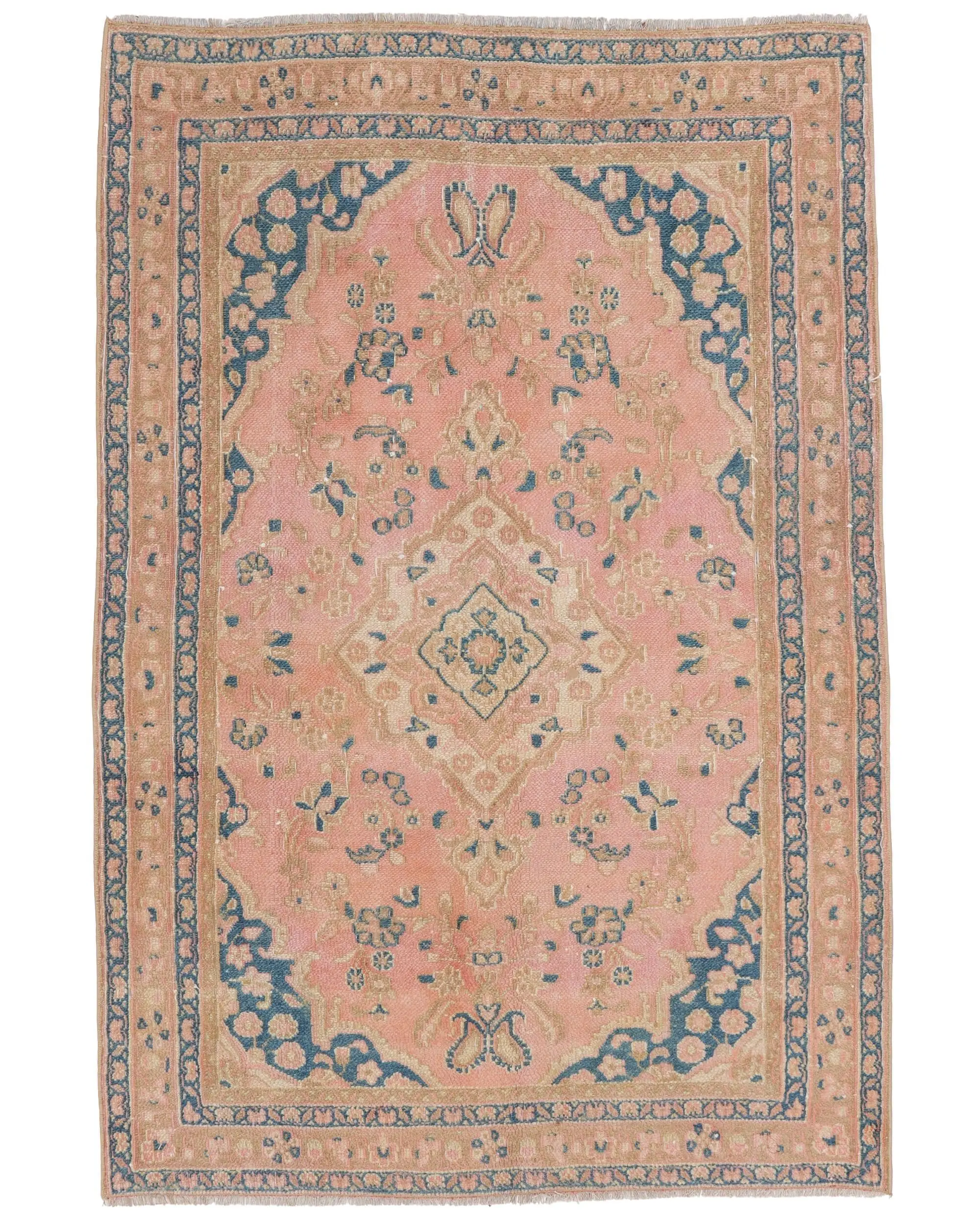 Türk Aksanlı Halı 3.8x5.8 ft, Vintage Pembe Çizgili Yün Halı - 1