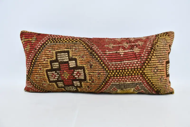 Antique Pillows, Vintage Kilim Throw Pillow, Pillow, Natural Cushion, Bolster Throw Cushion Cover, 16x36 Red Pillow Cover, Interior Designer Pillow - 1