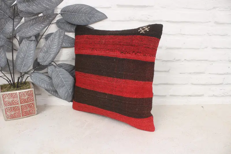 Handmade Kilim Cushion, Colorful Cushion Cover, Vintage Kilim Throw Pillow, 14x14 Red Cushion, Kilim Cushion Sham, Ottoman Cushion Cover, Pillow - 4