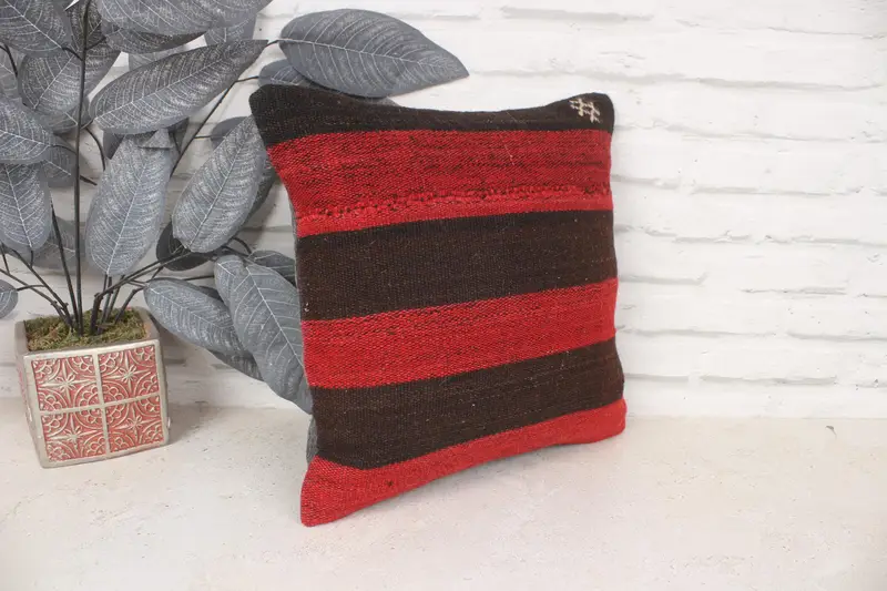 Handmade Kilim Cushion, Colorful Cushion Cover, Vintage Kilim Throw Pillow, 14x14 Red Cushion, Kilim Cushion Sham, Ottoman Cushion Cover, Pillow - 3