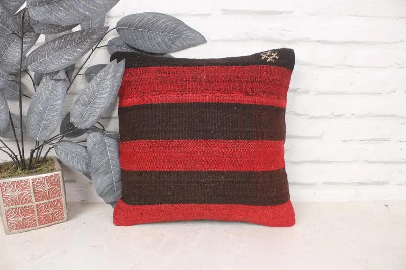 Handmade Kilim Cushion, Colorful Cushion Cover, Vintage Kilim Throw Pillow, 14x14 Red Cushion, Kilim Cushion Sham, Ottoman Cushion Cover, Pillow - 1