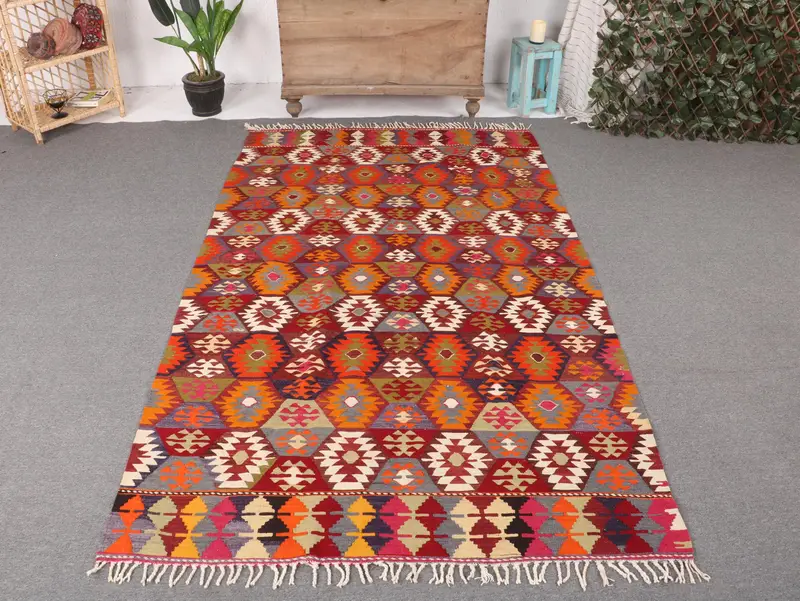 Vibrant Orange Rug, 4,7x8,1 ft Rainbow Floral Design