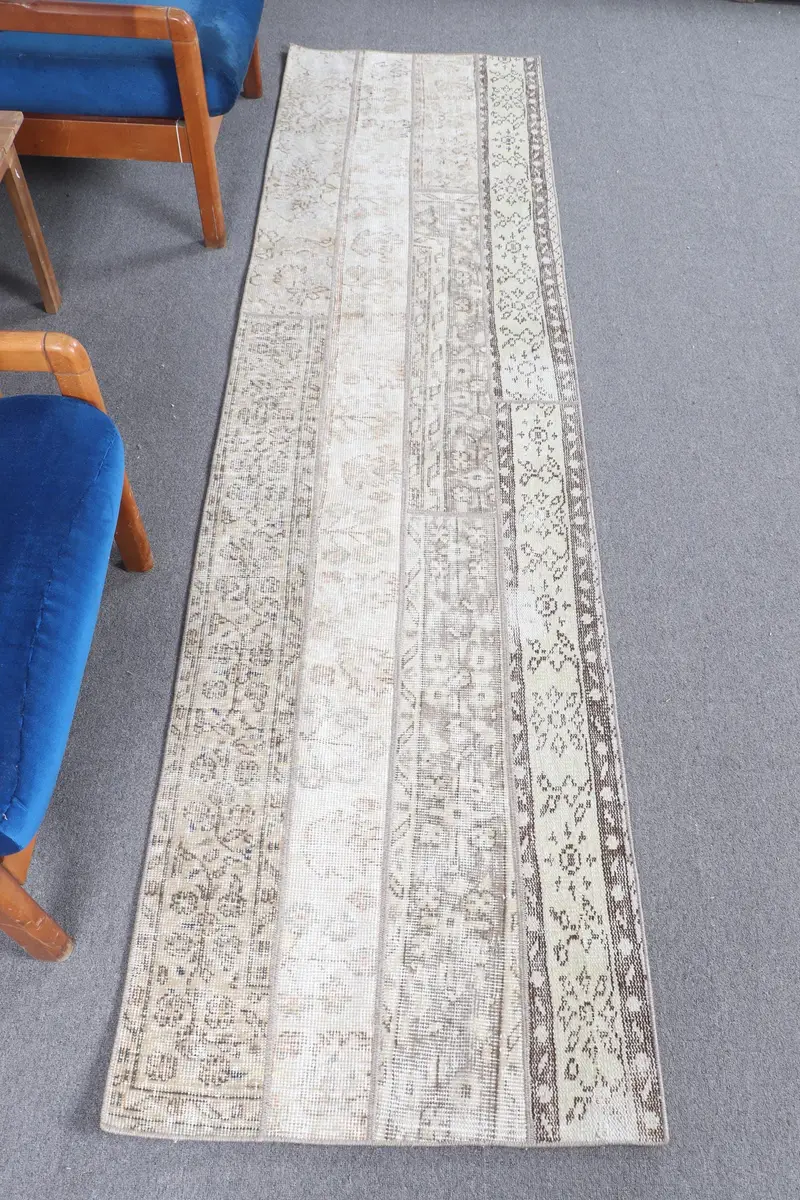 Türk Vintage Halı 2.3x8.7 ft (70x264 cm), Oushak Beyaz Kahverengi Puantiyeli Halı - 1