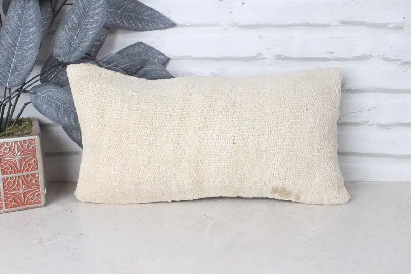 Wool Kilim Pillow Cushion, Antique Pillows, Home Decor Pillow, Cushion Cover, Vintage Kilim Throw Pillow, 8x16 Beige Pillow Sham, Patio Pillow - 1