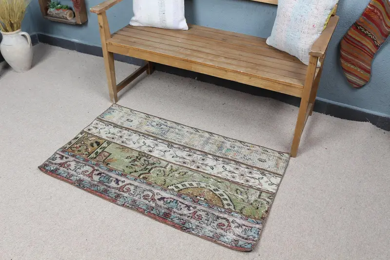 2.3x3.9フィートのブルー迷彩ラグ、ユニークなグリーンアクセント